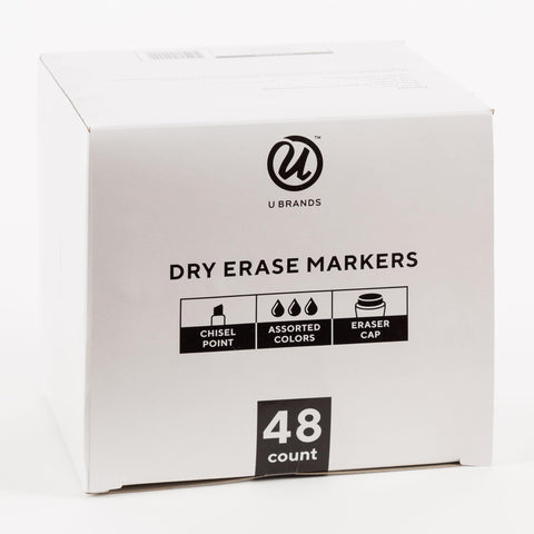 U Brands Fine Tip Dry Erase Markers with Eraser, Whiteboard Markers with Chisel Tip, Low Odor, Assorted Colors, Set of 48