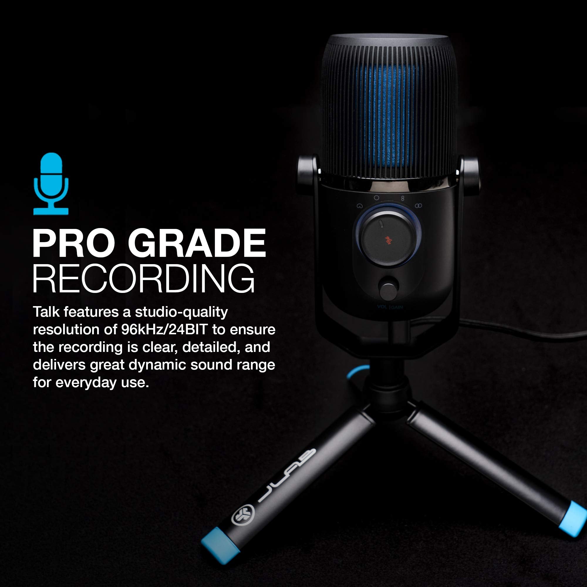 JLab Talk USB Microphone, USB-C Output, Cardioid, Omnidirectional, Stereo or Bidirectional, 96k Sample Rate, 20Hz, 20kHz Frequency Response, Volume, Gain Control, Quick Mute, Plug & Play