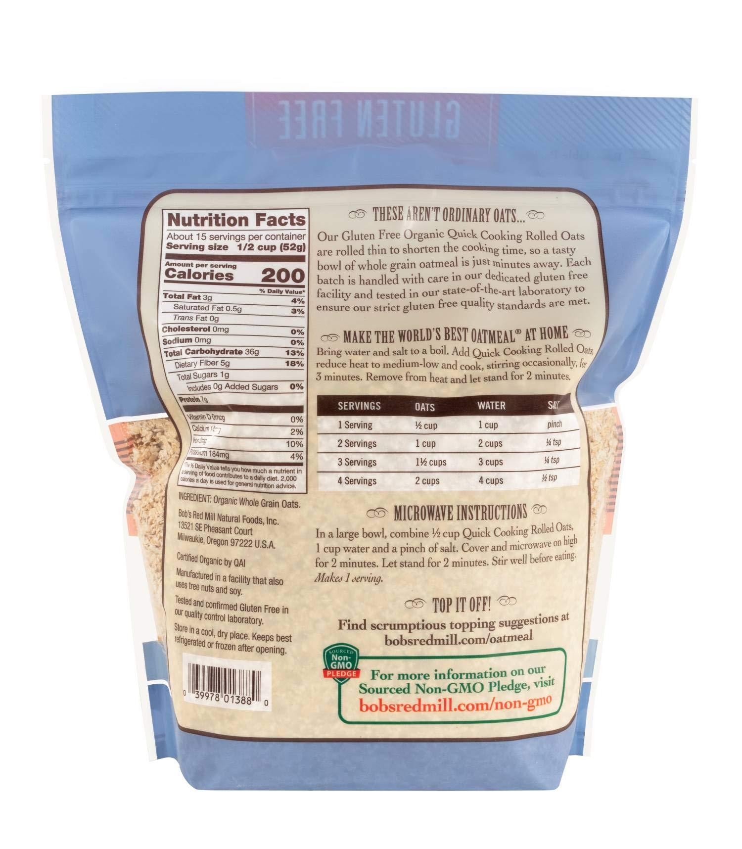 Bob's Red Mill Gluten Free Organic Quick Cooking Rolled Oats, 28oz (Pack of 1) - Non GMO, Whole Grain, Vegan, Kosher