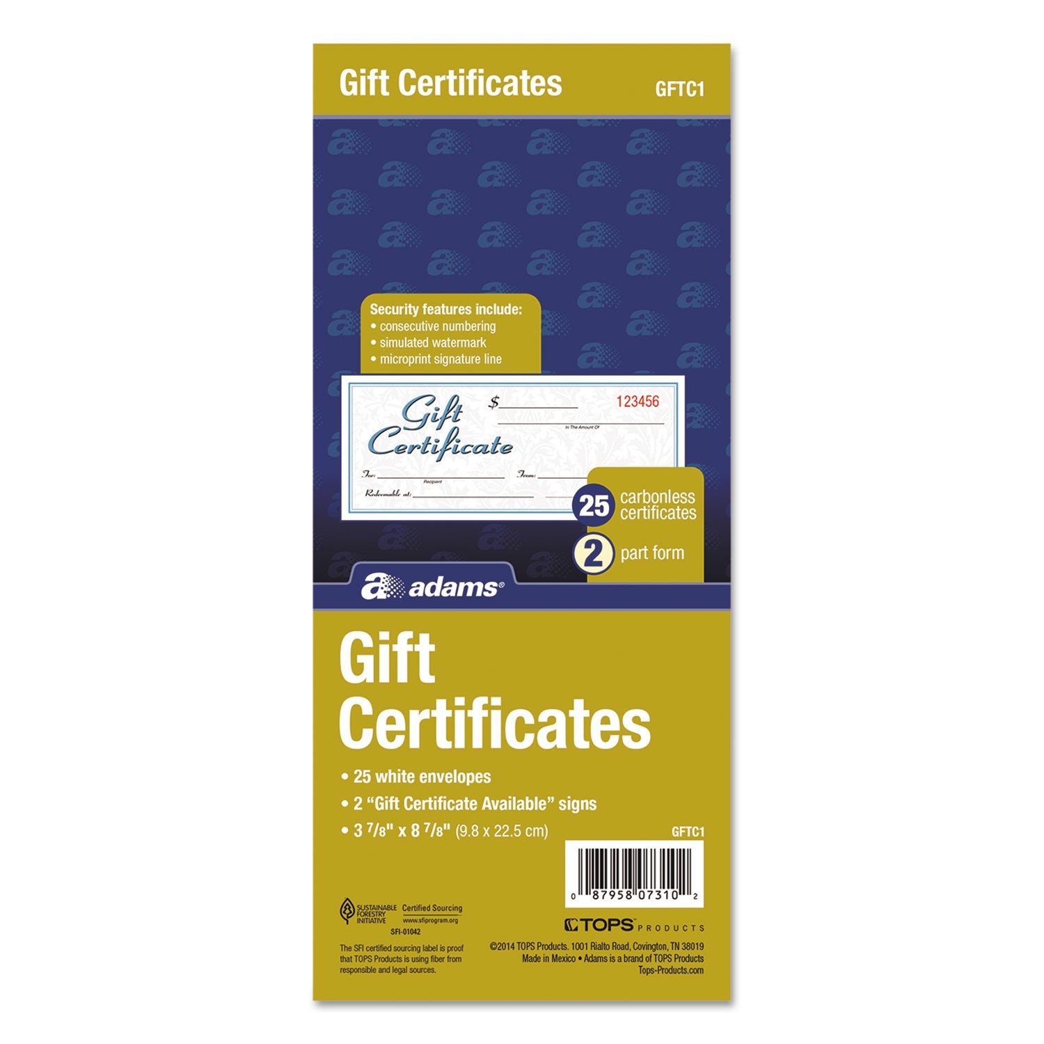 Adams GFTC1 Gift Certificates w/Envelopes, 8 x 3 2/5, White/Canary, 25/Book