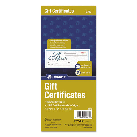 Adams GFTC1 Gift Certificates w/Envelopes, 8 x 3 2/5, White/Canary, 25/Book