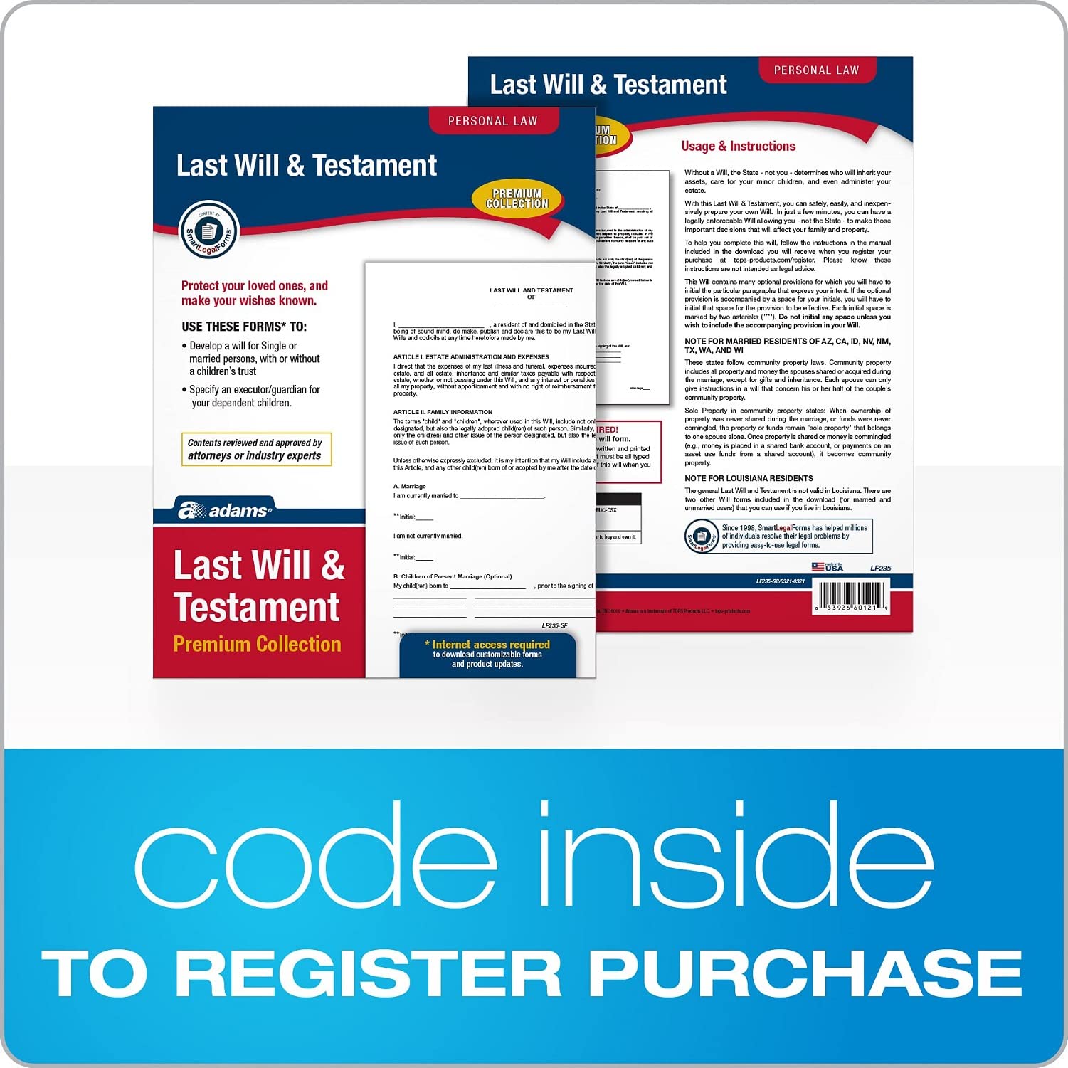 Adams Last Will and Testament, Forms and Instructions, Downloadable Product Details on Packaging, USA Only (LF235) 11x"8.5"x0.13"