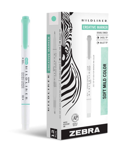 Zebra Pen Mildliner Dual-Tip Highlighters, Broad and Fine Tips, Ideal for Bible Highlighting, No Bleed, School Supplies, Teacher Supplies, and Office Supplies, Mild Blue-Green Ink, 12-Pack (78220upc)