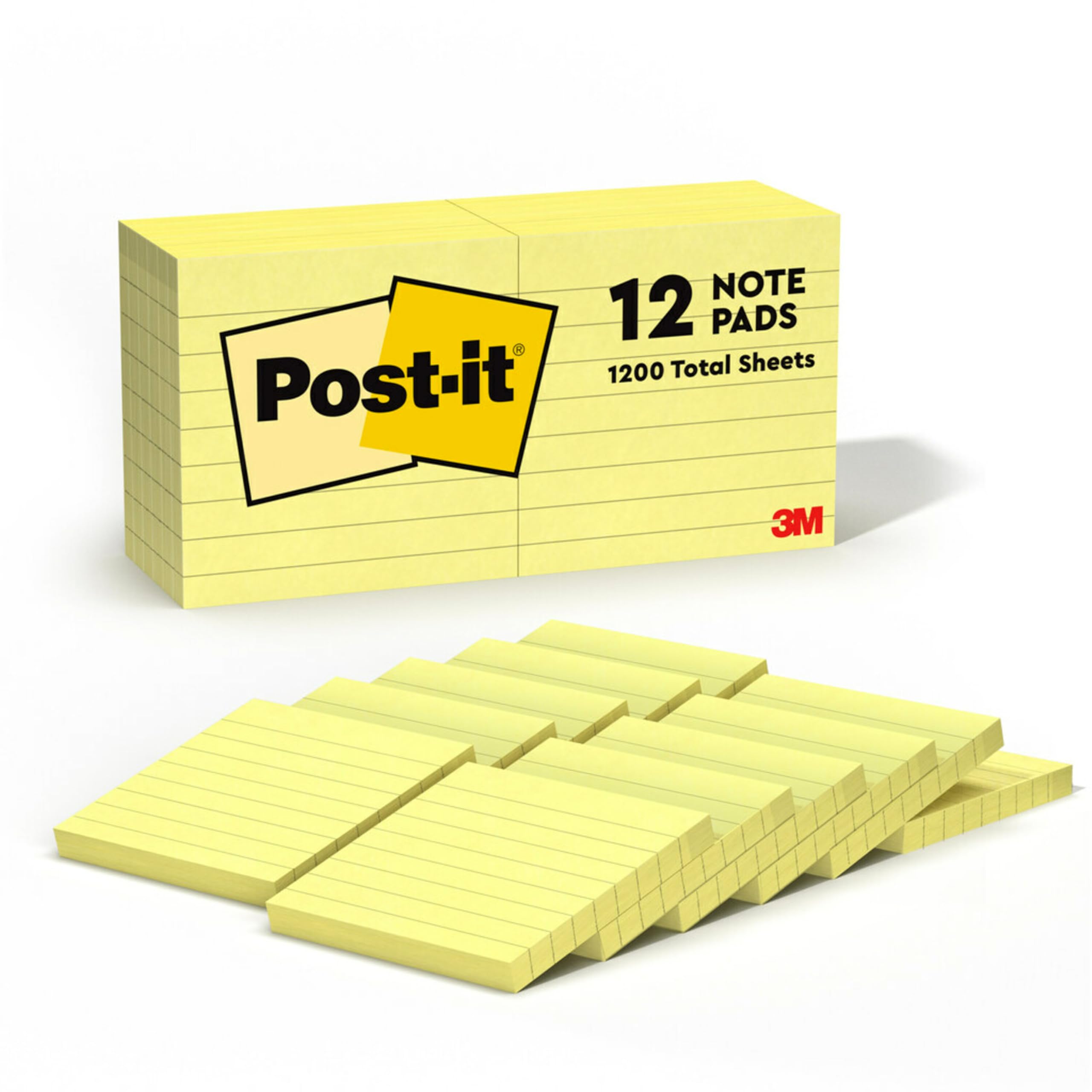 Post-it Notes, 3 in x 3 in, 12 Lined Sticky Notes Pads, 100 Sheets per Pad, The Iconic Canary Yellow Note, New Year Organization or Second Semester School Supplies