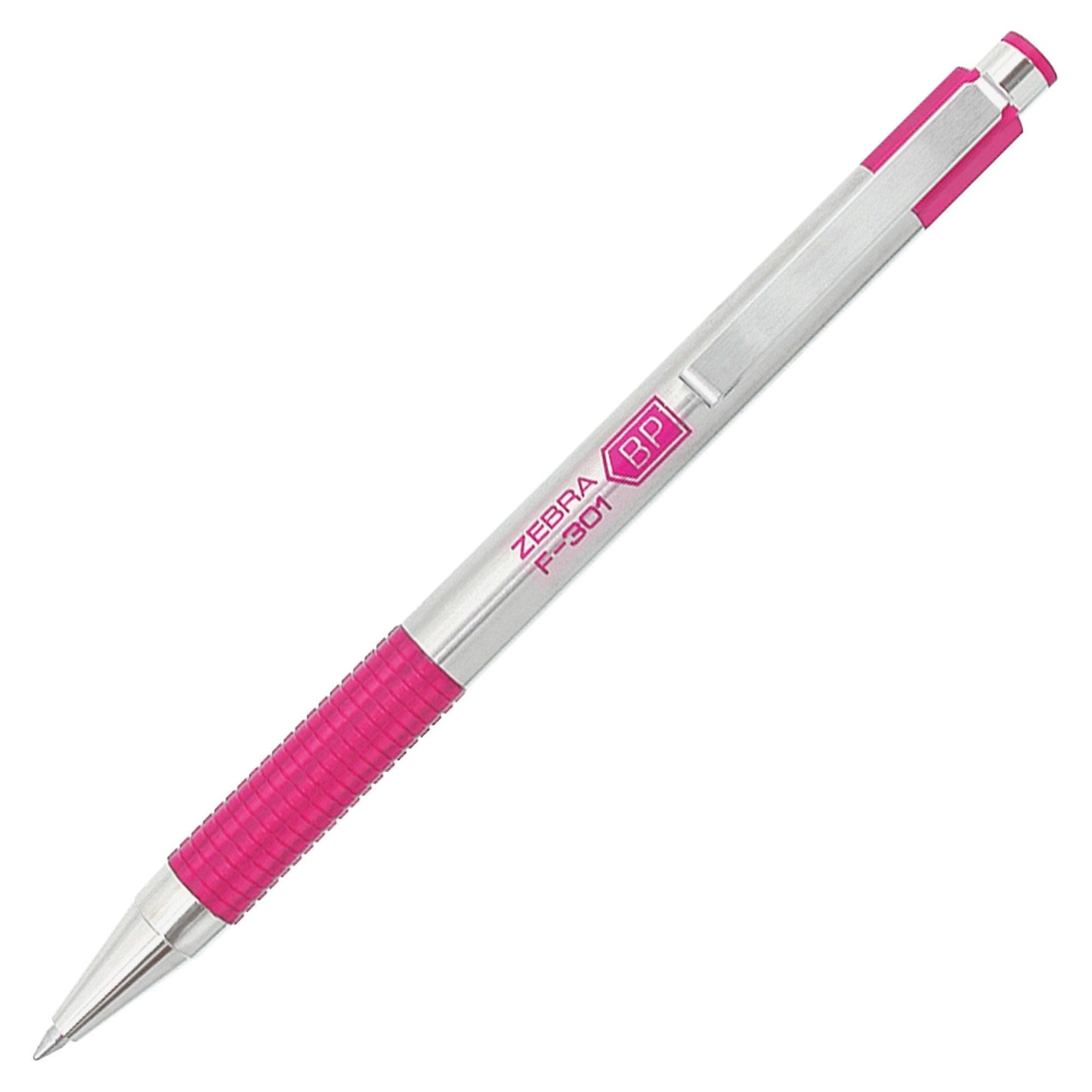 Zebra Pen F-301 Retractable Ballpoint Pen, Stainless Steel Barrel with BCA Pink Accents, Fine Point, 0.7mm, Black Ink, 1-Pack