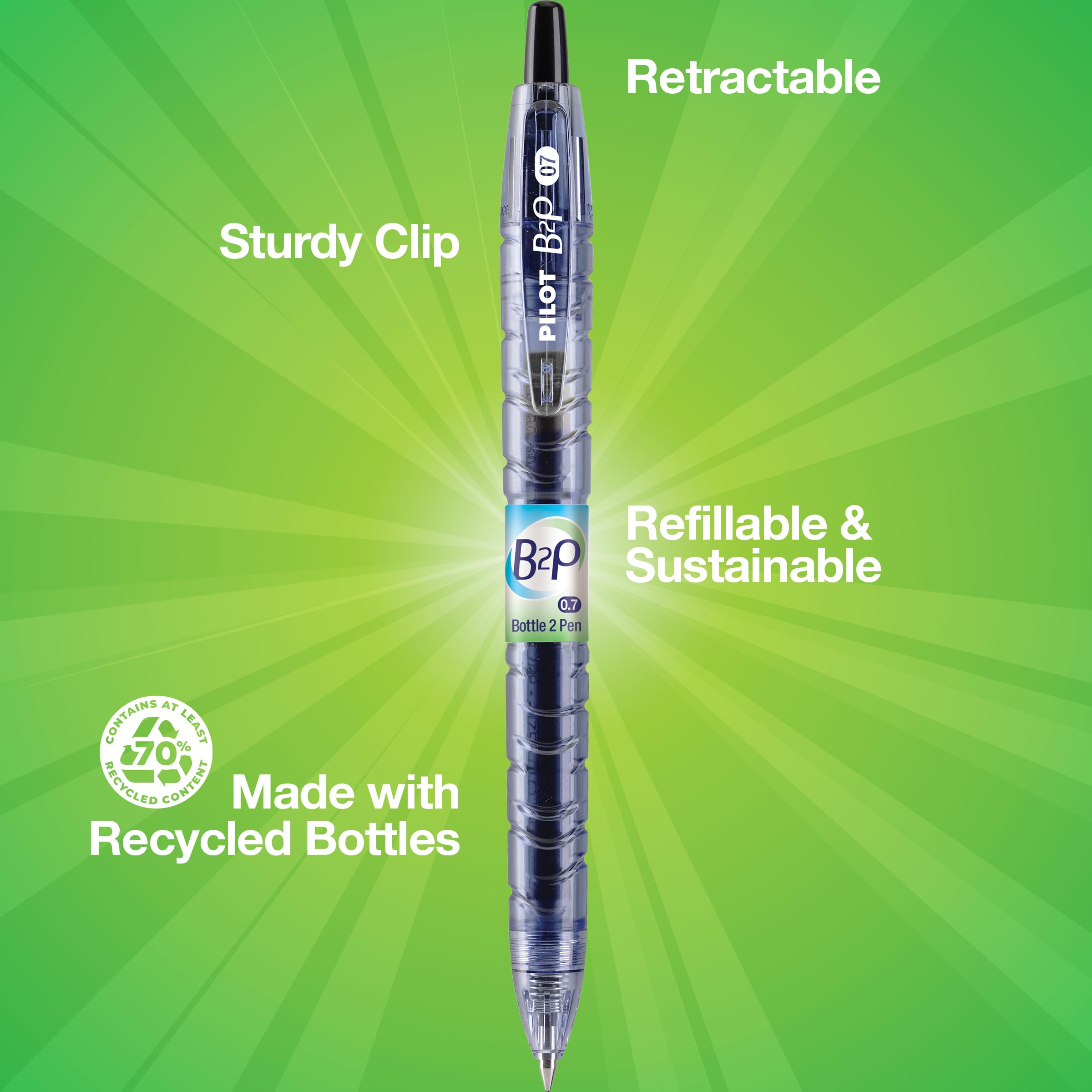 PILOT B2P - Bottle to Pen Refillable & Retractable Rolling Ball Gel Pen Made From Recycled Bottles, Fine Point, Black G2 Ink, 2-Pack (31605)