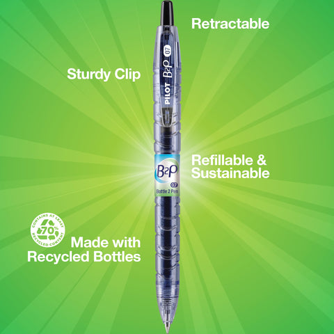 PILOT B2P - Bottle to Pen Refillable & Retractable Rolling Ball Gel Pen Made From Recycled Bottles, Fine Point, Black G2 Ink, 2-Pack (31605)