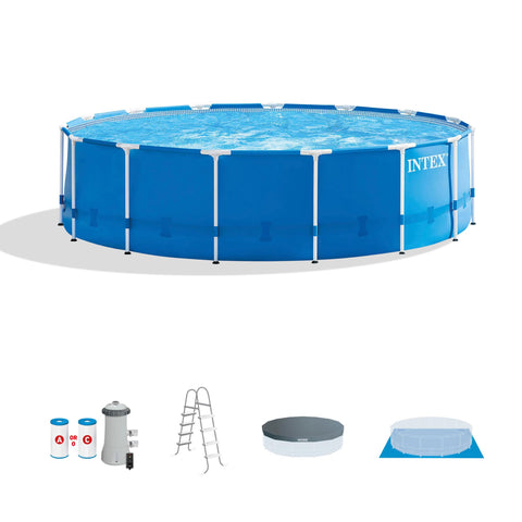 Intex 28241EH Metal Frame Above Ground Swimming Pool Set: 15ft x 48in – Includes 1000 GPH Cartridge Filter Pump – Removable Ladder – Pool Cover – Ground Cloth