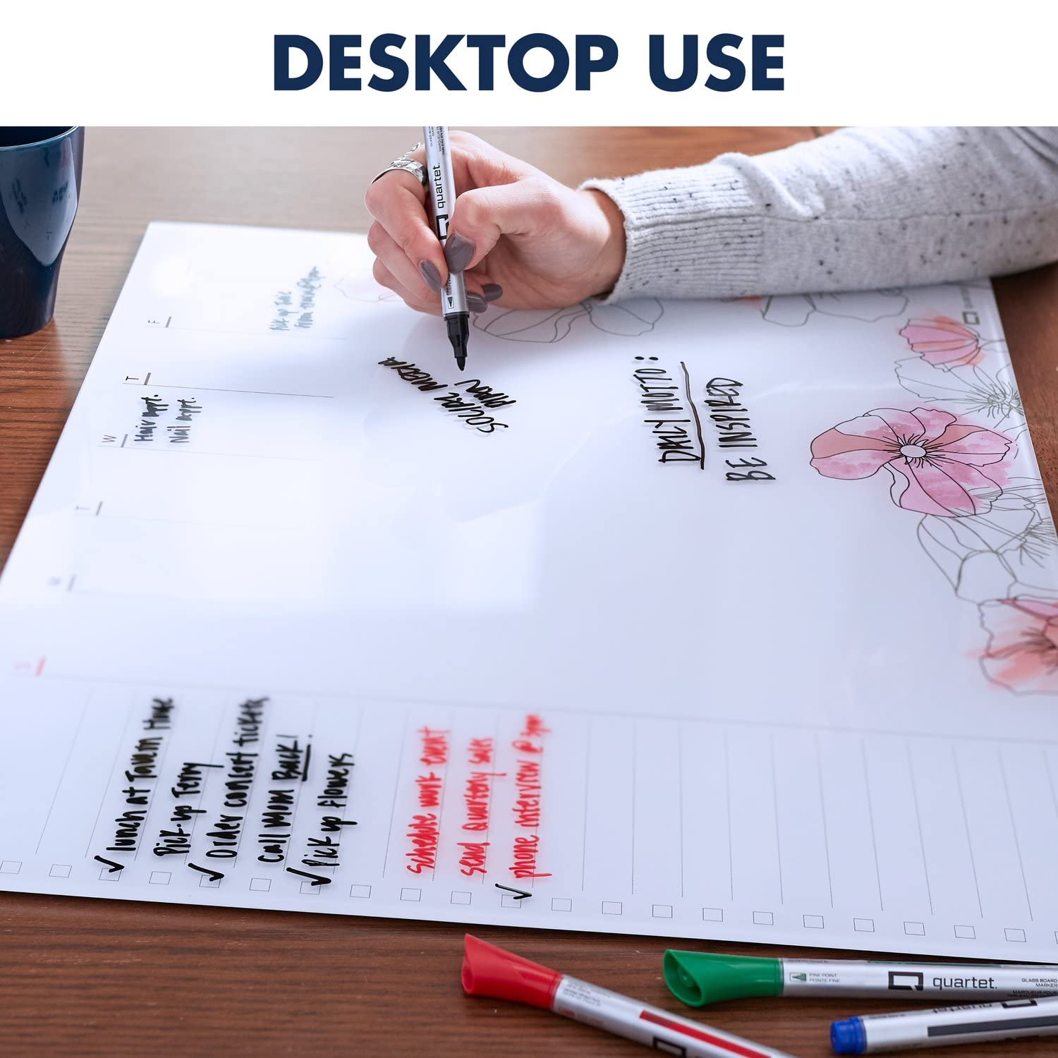 Quartet Glass Desktop Weekly Planner, 17" x 22", Whiteboard, Dry Erase Surface, Clean Erase, Includes 1 Dry Erase Marker, Floral (GDP2217F)