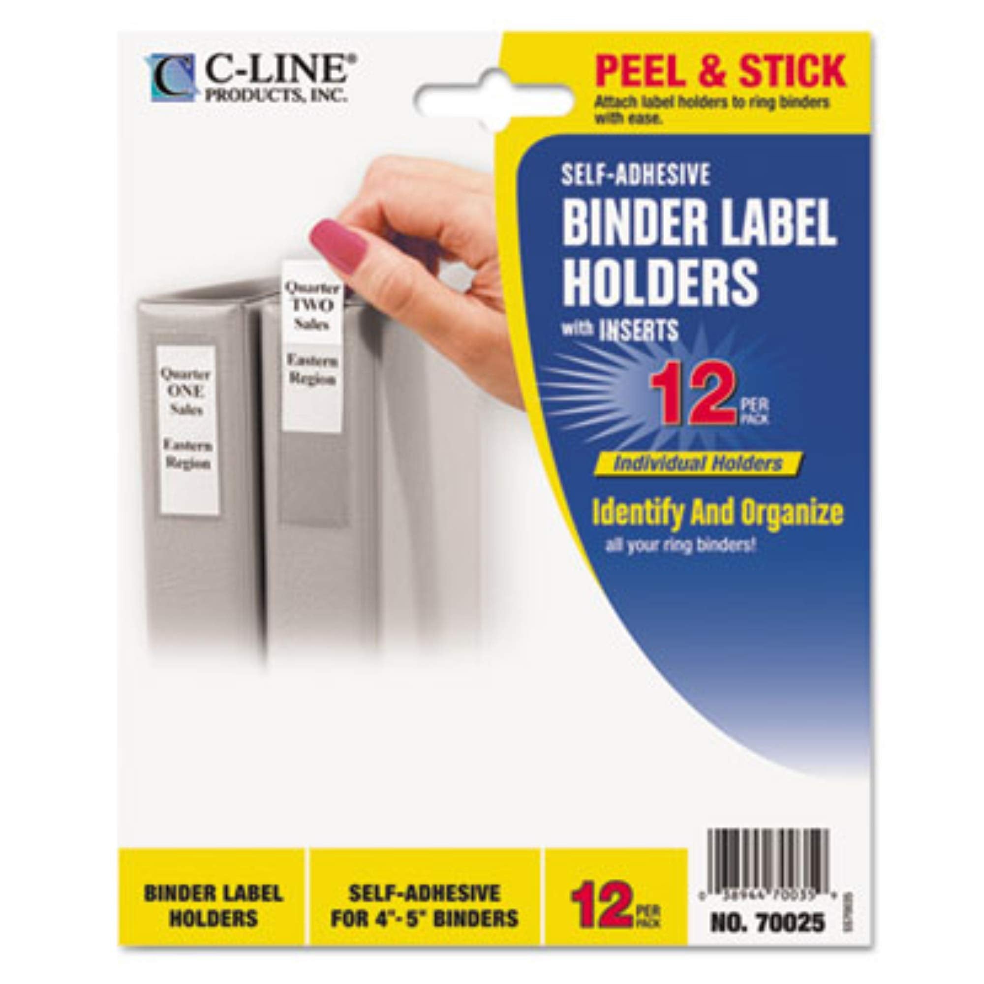 C-Line Self-Adhesive Binder Label Holders for 2" to 3"; Ring Binders, 2-5/16" x 3-5/8", 12 per Pack (70025)