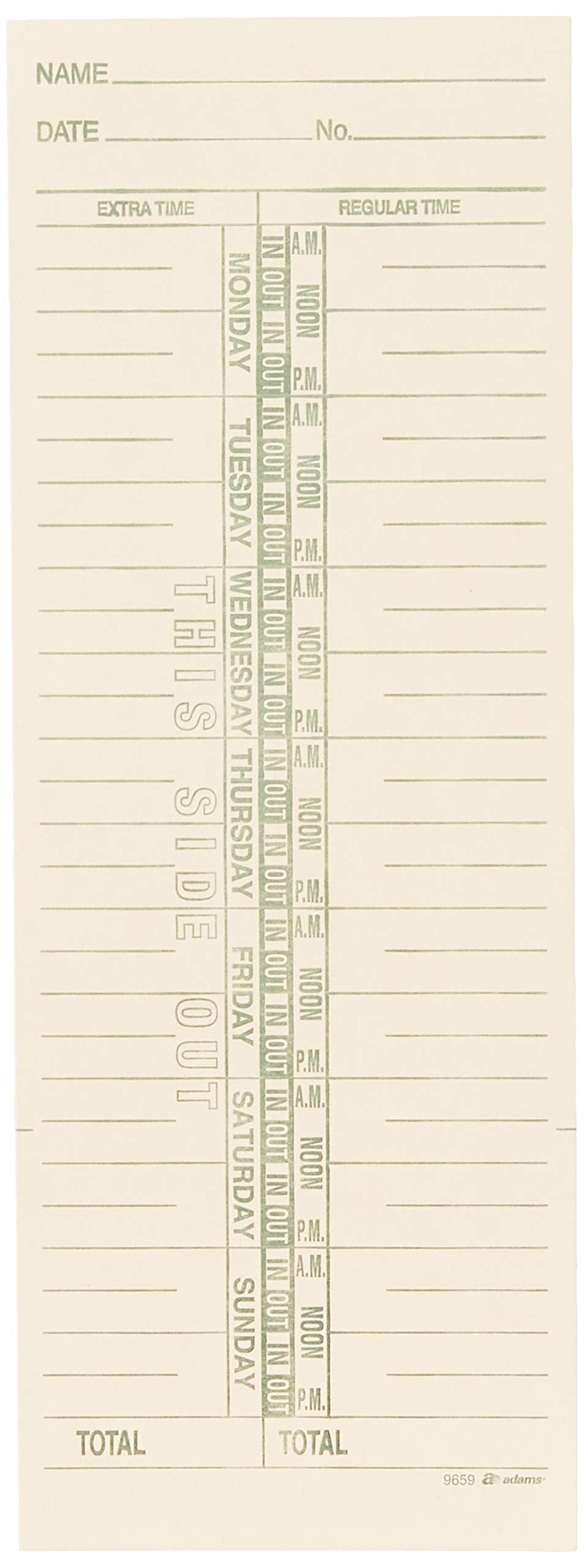 Adams Time Cards, Weekly, 1-Sided, Named Days, 3-3/8" x 9", Manila, Green Print, 200-Count (9659-200)