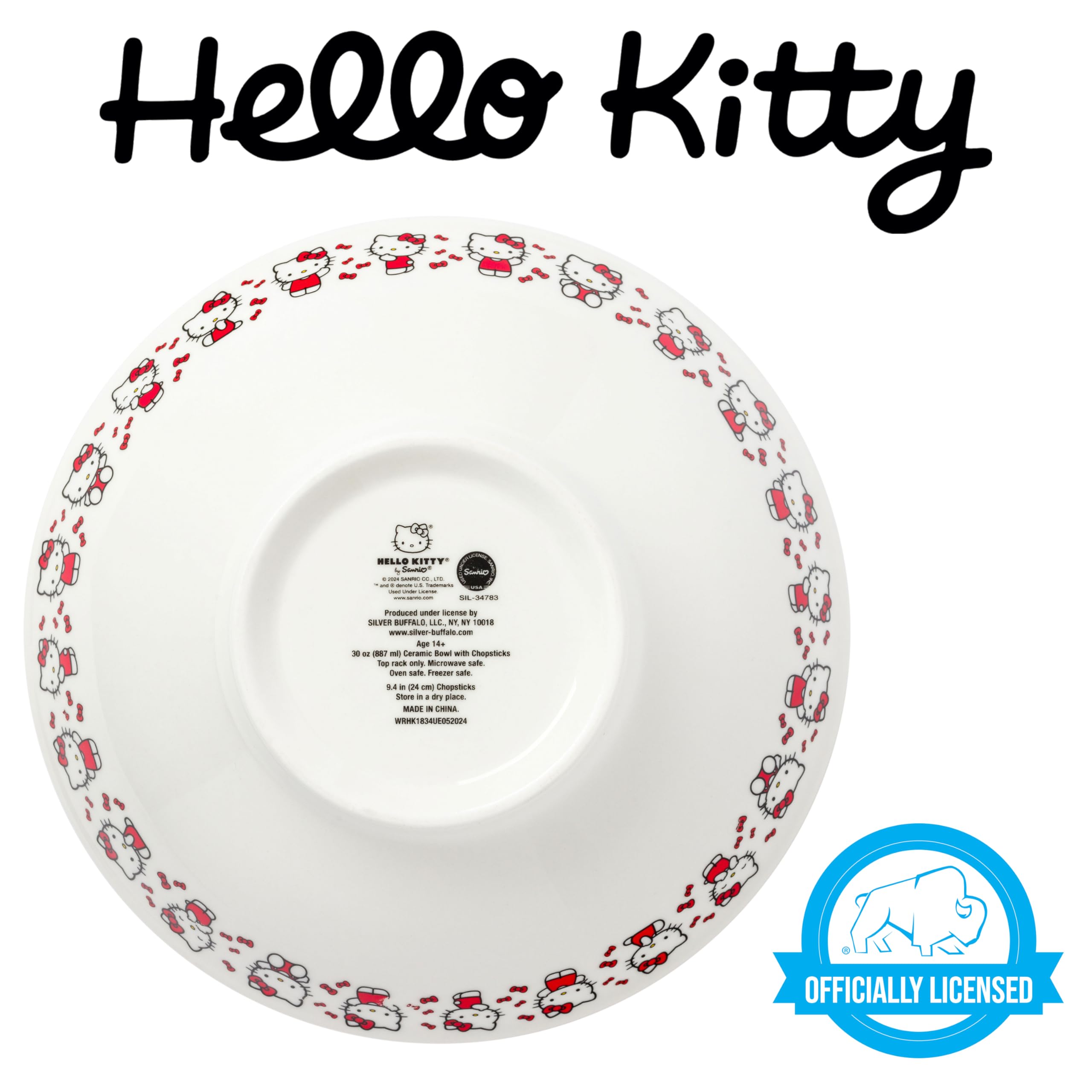 Silver Buffalo Hello Kitty Red Stripes and Bows Ceramic Ramen Noodle Rice Bowl with Chopsticks, Microwave Safe, 30 Ounces