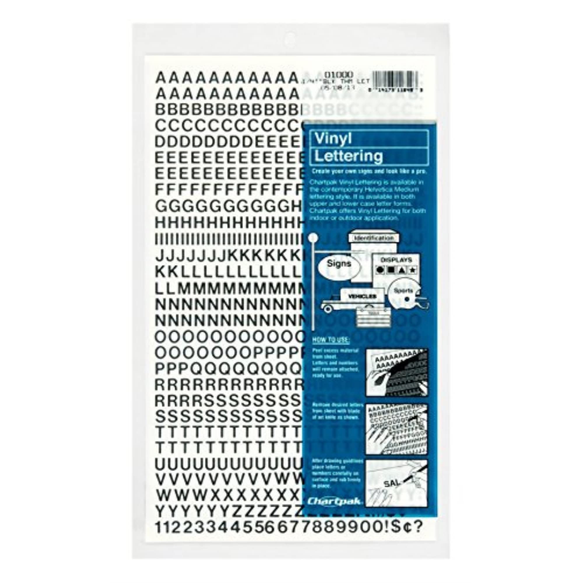 Chartpak Press-On Vinyl Letters and Numbers, Self Adhesive, Black, 0.25" high, 610/Pack