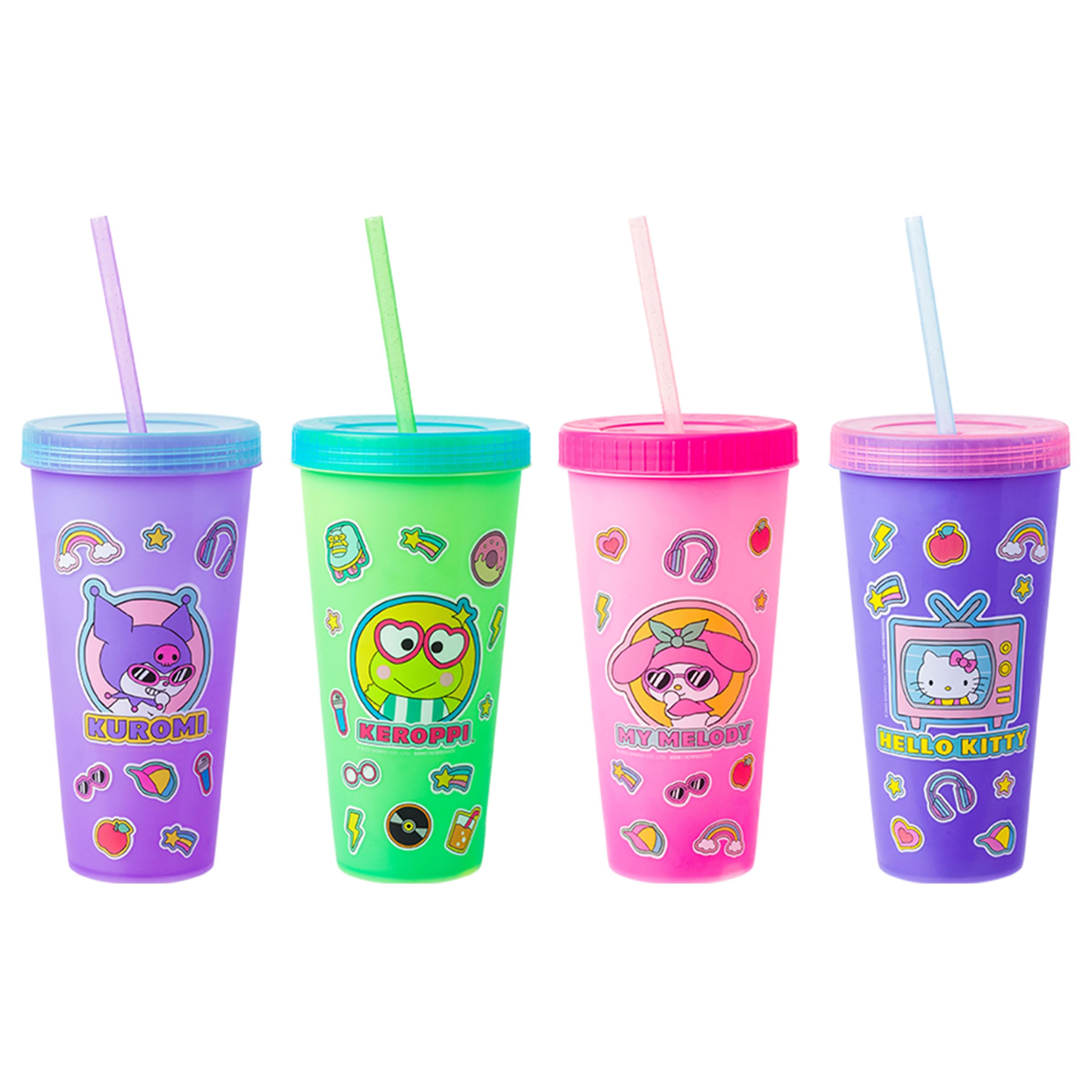 Silver Buffalo Sanrio Hello Kitty and Friends Sticker Design Featuring Kuromi, Keroppi, My Melody, and Hello Kitty 4 Pack Color Changing Plastic Tumbler Set with Glitter Straw, 24 Ounces