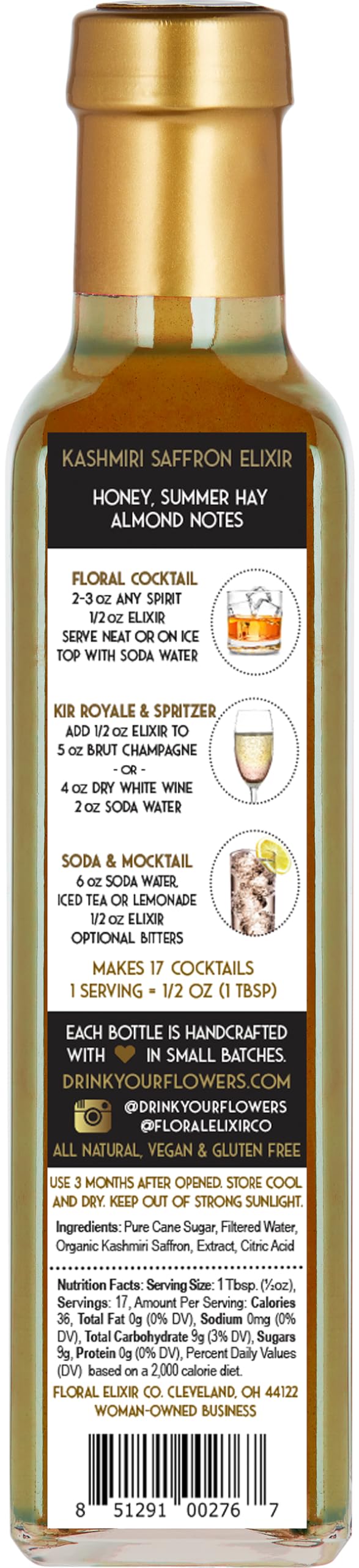 Floral Elixir Co. - All Natural FLOWER Syrup for Cocktails & Sodas, 8.5 oz (Kashmiri Saffron)