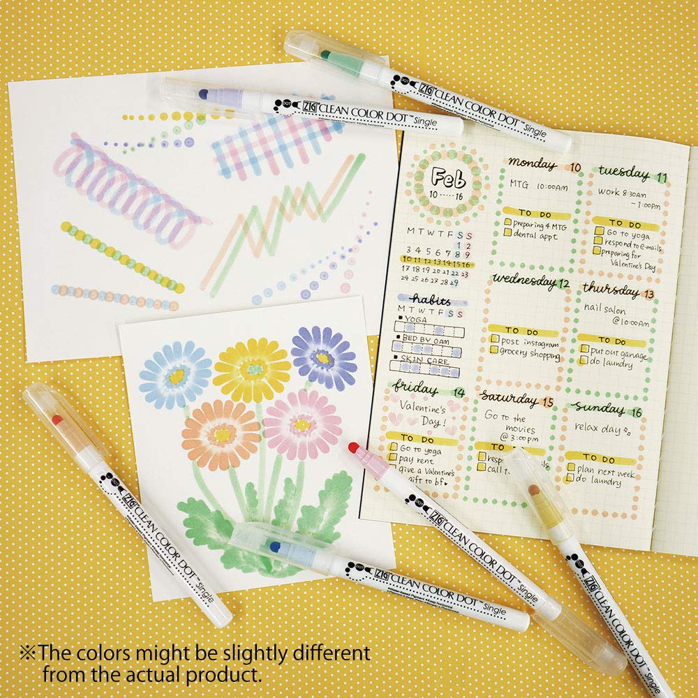 Kuretake CLEAN COLOR DOT Single Mild 6 colors set, Flexible dot tip marker, for Journals, Crafts, Illustration, Lettering, Planners, Made in Japan