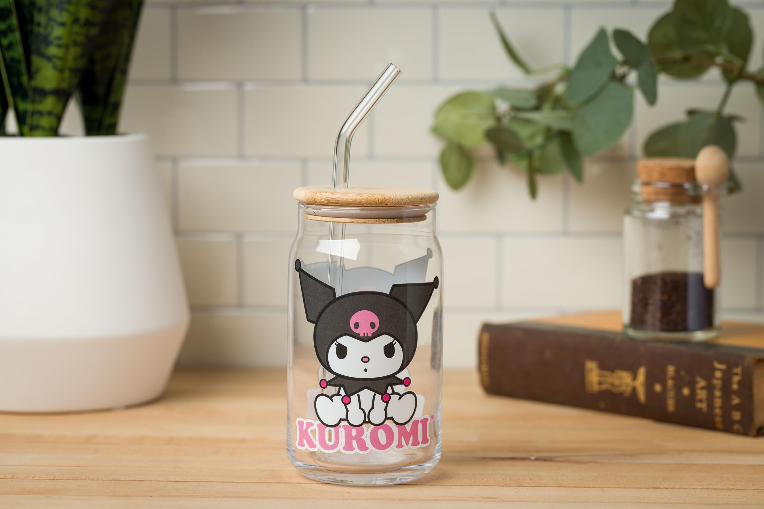 Silver Buffalo Sanrio Hello Kitty and Friends Kuromi 2 Pack Glass Jar Tumbler with Bamboo Lid and Glass Straw, 16 Ounces