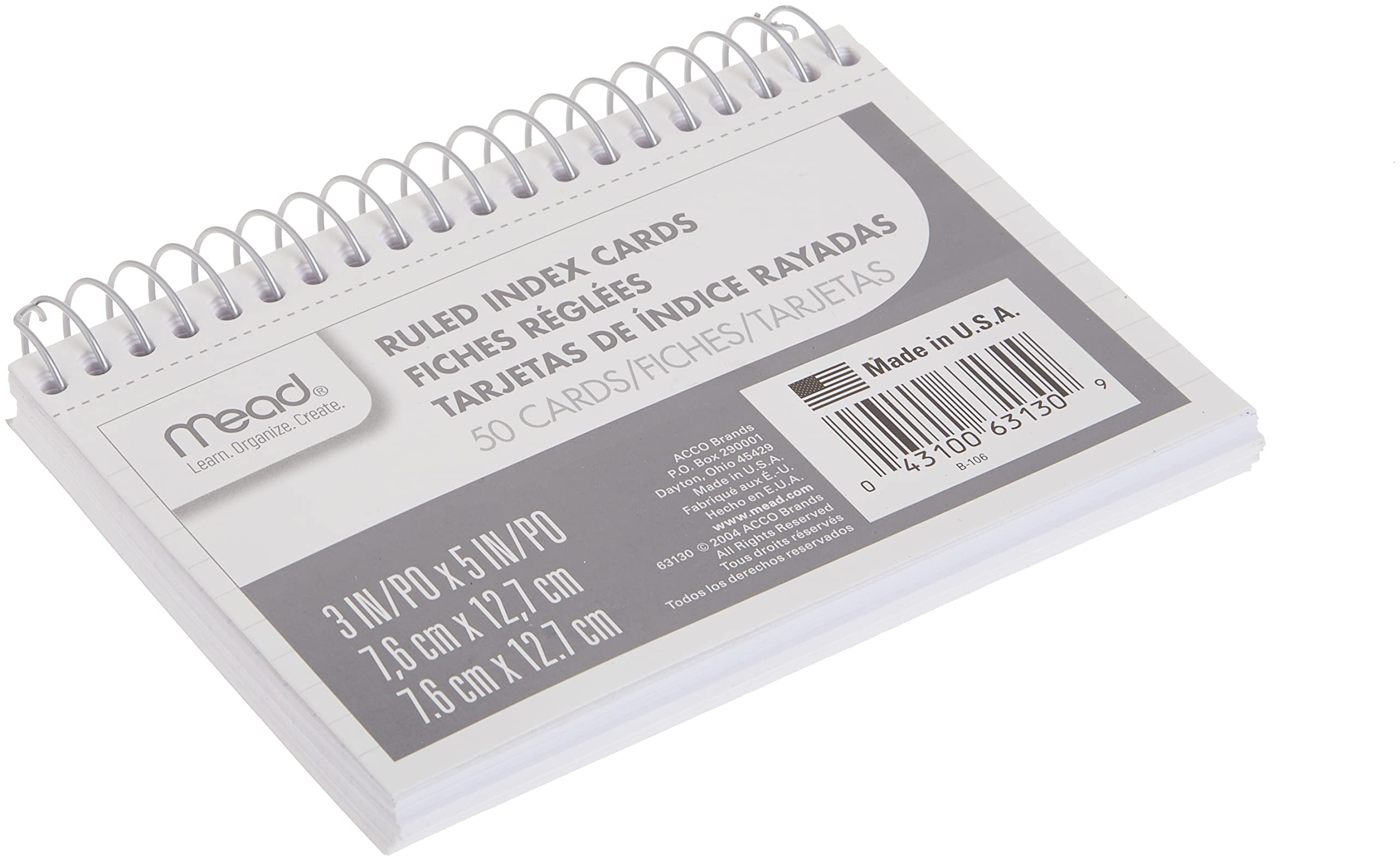 Mead Index Cards, 3" x 5", Ruled Front, Blank Back, 50 Cards, White (63130)
