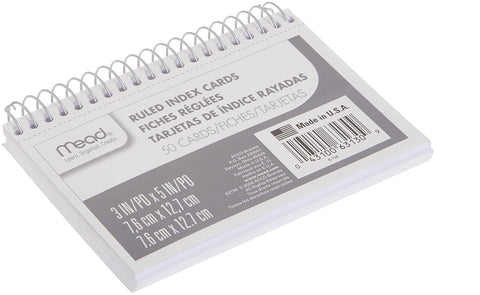 Mead Index Cards, 3" x 5", Ruled Front, Blank Back, 50 Cards, White (63130)
