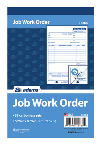 Adams Job Work Order Book, 3-Part Carbonless, White/Canary/White, 5-9/16 x 8-7/16 Inches, 33 Sets (T5868)
