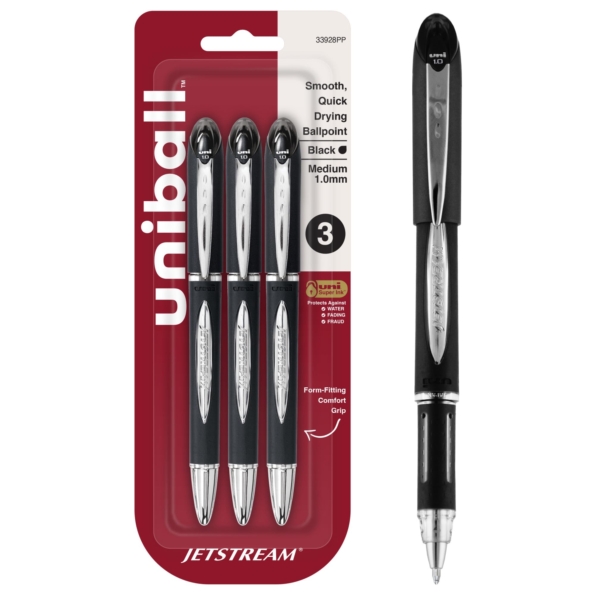 uniball Jetstream Ballpoint Pens, Medium Point (1.0mm), Black, 3 Pack