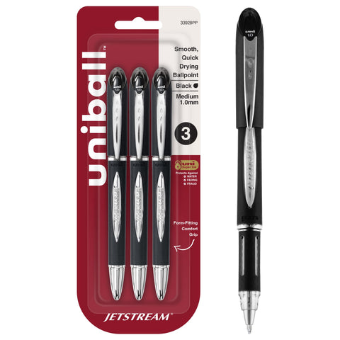 uniball Jetstream Ballpoint Pens, Medium Point (1.0mm), Black, 3 Pack