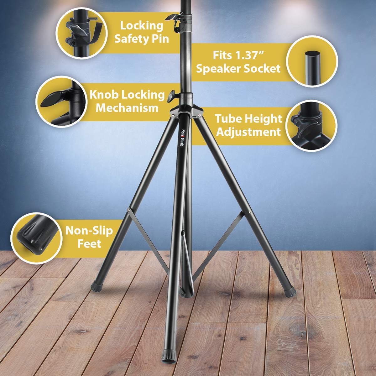 Pair of PA Speaker Stands by Hola! Music, Speaker Tripod Stand, Adjustable Tripod Height 4ft to 6ft