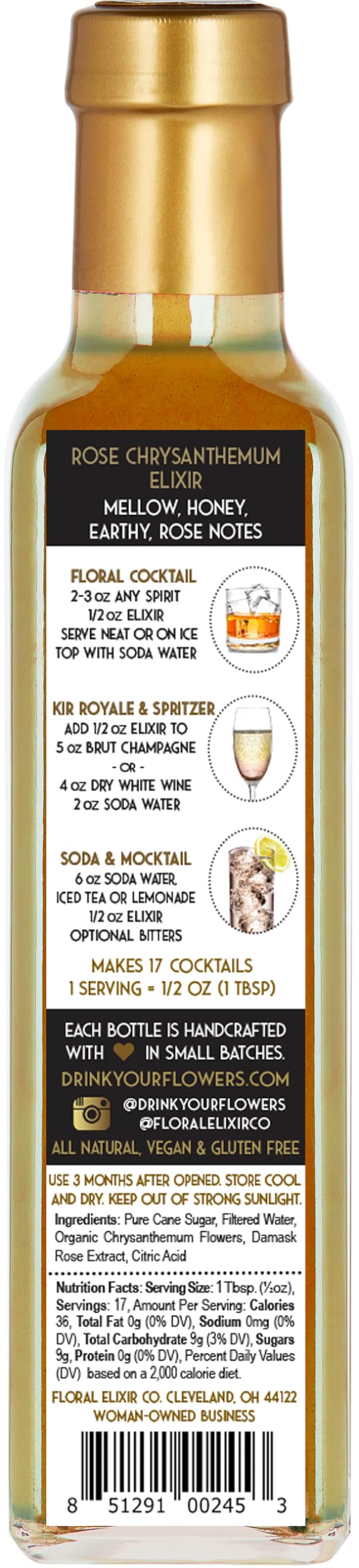 Floral Elixir Co. - All Natural FLOWER Syrup for Cocktails & Sodas, 8.5 oz (Rose Chrysanthemum)