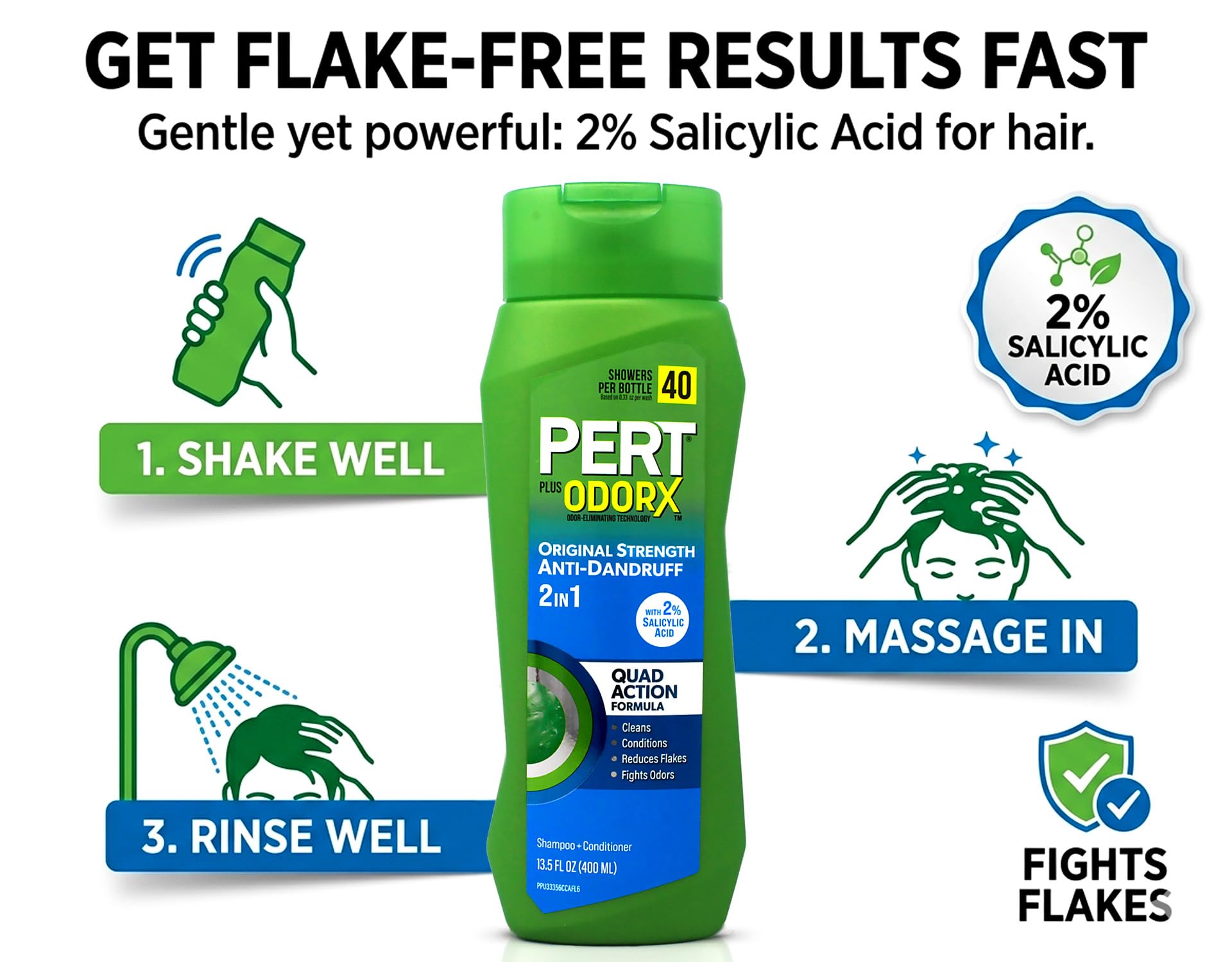 Pert Anti-Dandruff 2 in 1 Shampoo and Conditioner - Advanced Shampoo Conditioner with 2 Percent Salicylic Acid - Dandruff Shampoo with Zinc - 13.5 oz
