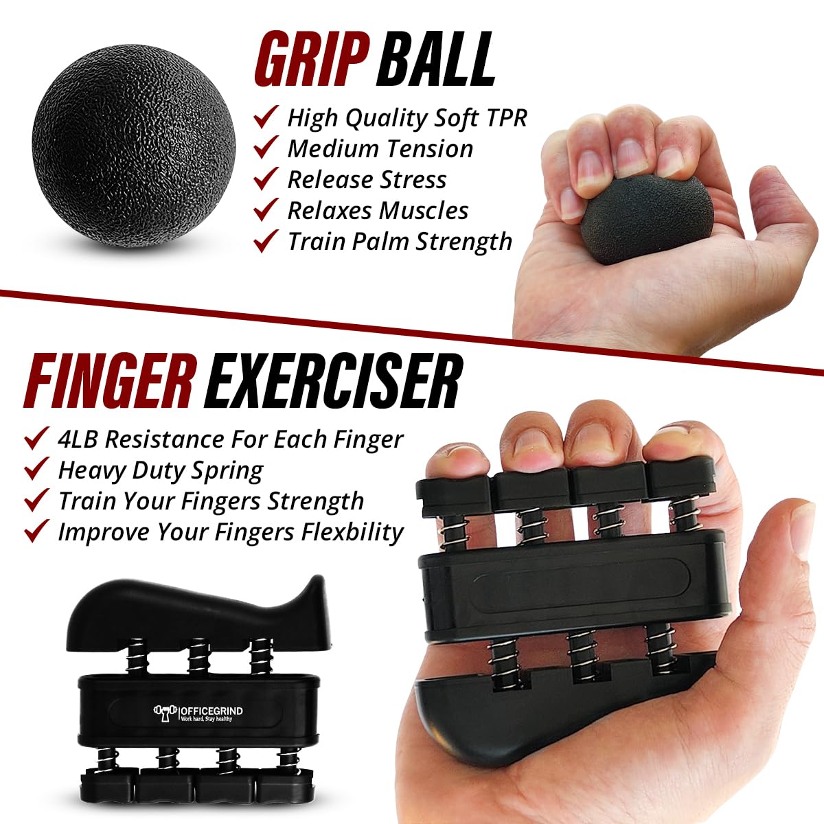 Hand Strength Kit With Finger Exerciser, Stretcher, Forearm Grip Adjustable Gripper, Exercise Ring and Stress Relief Ball for Athletes Muscle Trainer. Black