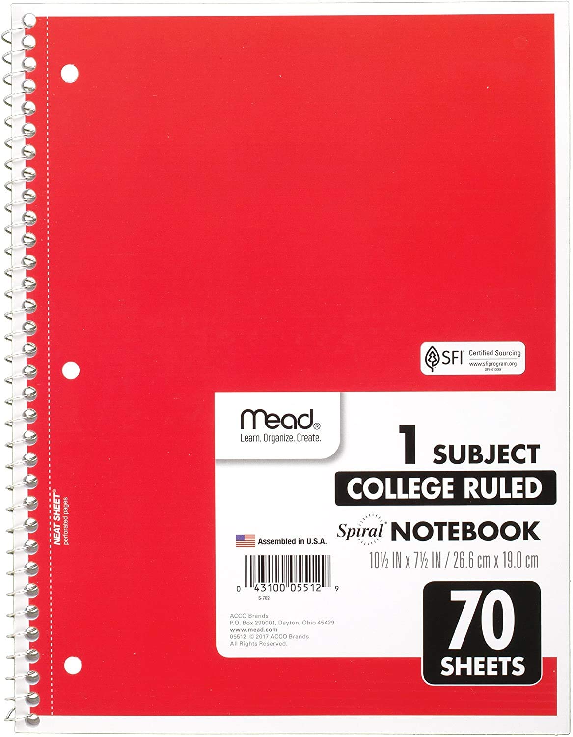 Mead Spiral Notebook, 1 Subject, College Ruled Paper, 70 Sheets, 10-1/2" x 7-1/2", Assorted Colors (05512)