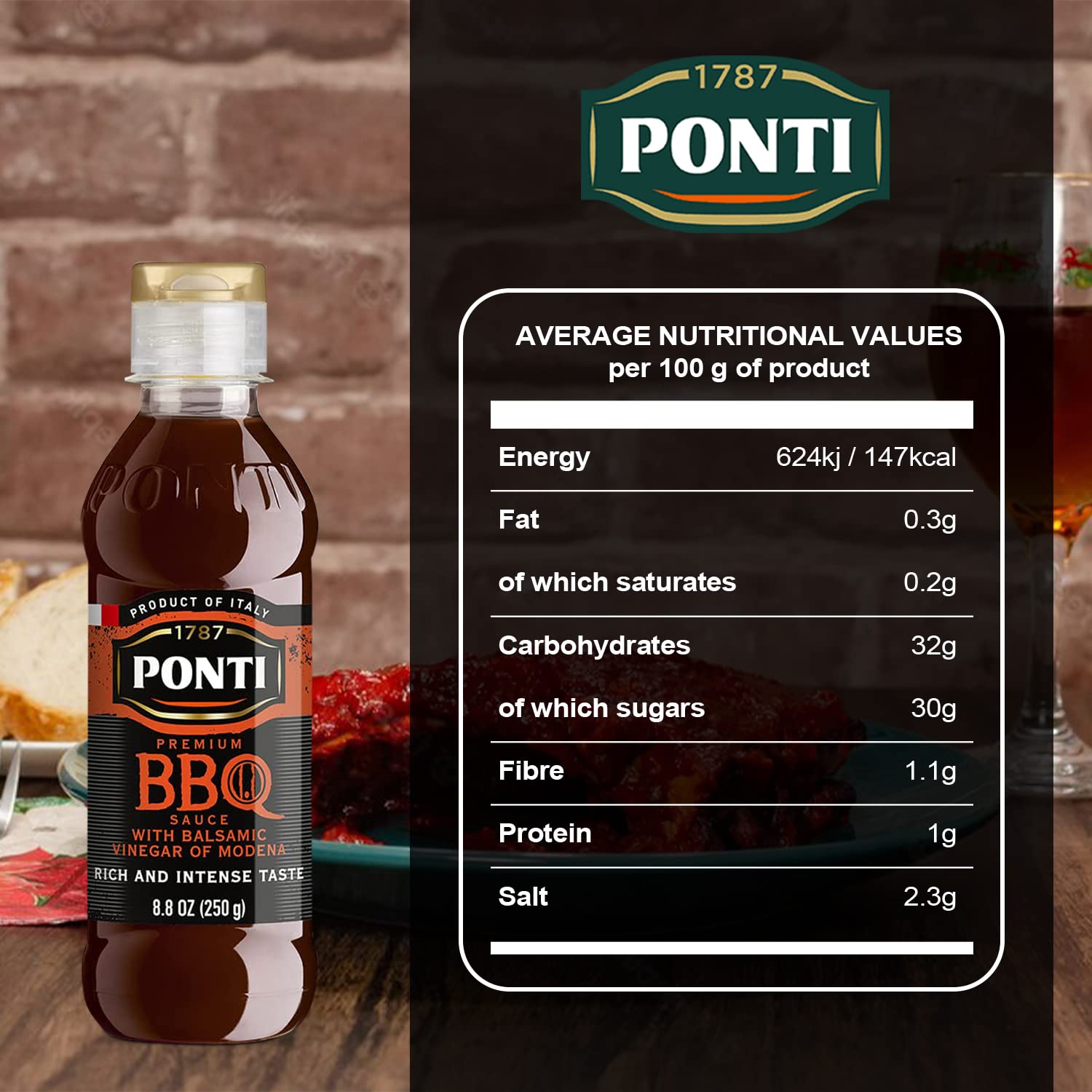 1787 PONTI Premium BBQ Glaze with Balsamic Vinegar of Modena - Sensations with Marinades, Intense Taste with Pleasant, Bold Smoky Flavors - Excellent with Grilled Meat and Slow-Roasted game - 8.8 Fl.Oz