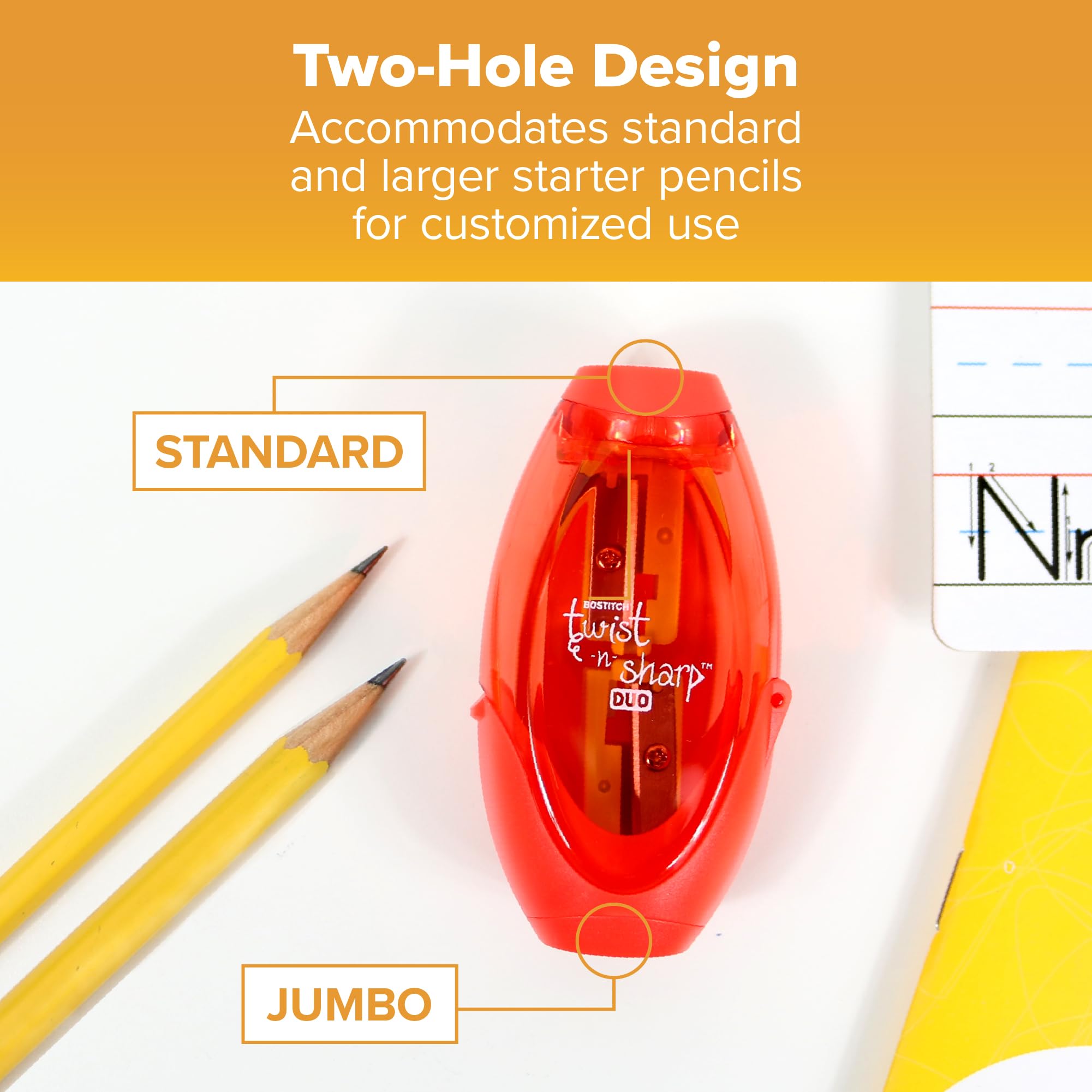 Bostitch Office Twist-N-Sharp Manual Pencil Sharpener, 2 Holes for Standard and Jumbo Pencils with Ratchet Technology, 1 Sharpener Random Color