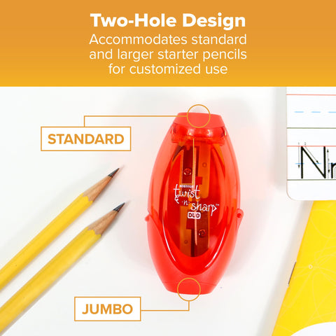 Bostitch Office Twist-N-Sharp Manual Pencil Sharpener, 2 Holes for Standard and Jumbo Pencils with Ratchet Technology, 1 Sharpener Random Color