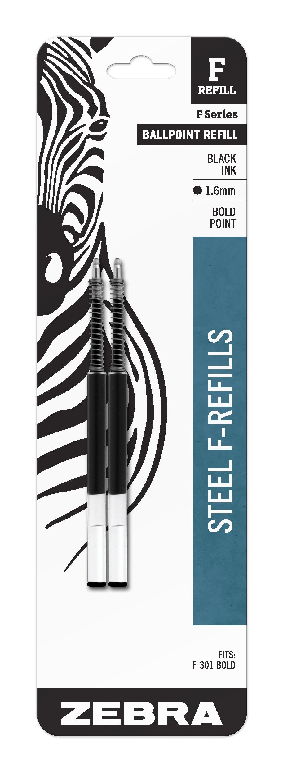 Zebra Pen Steel, F-Refill Ballpoint Ink Refills, 1.6mm Bold Point, Black Ink, Fits Zebra Steel F-301 Bold Ballpoint Pen, Smooth Writing Performance, 2-Pack (82712)