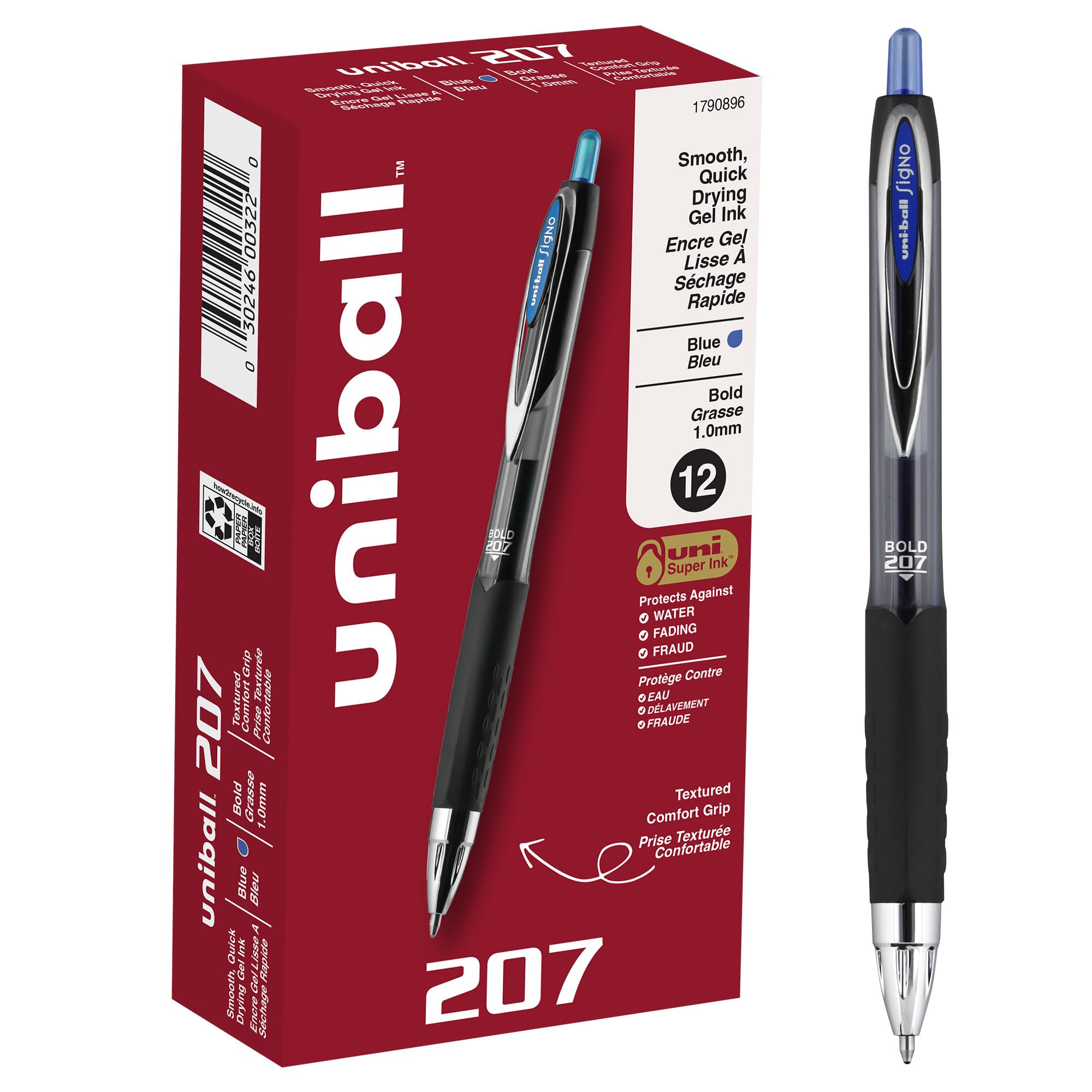 uniball 207 Retractable Gel Pens, Bold Point (1.0mm), Blue, 12 Pack