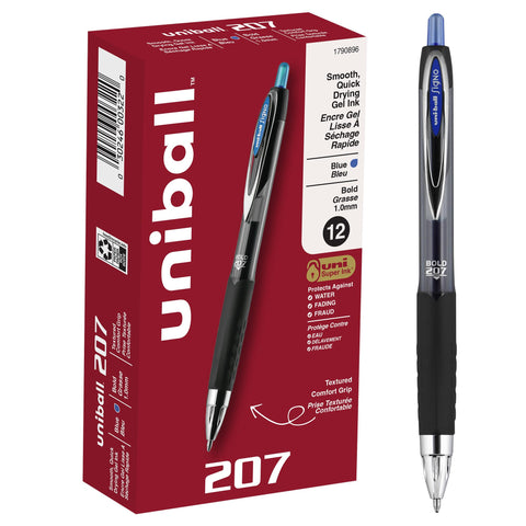 uniball 207 Retractable Gel Pens, Bold Point (1.0mm), Blue, 12 Pack