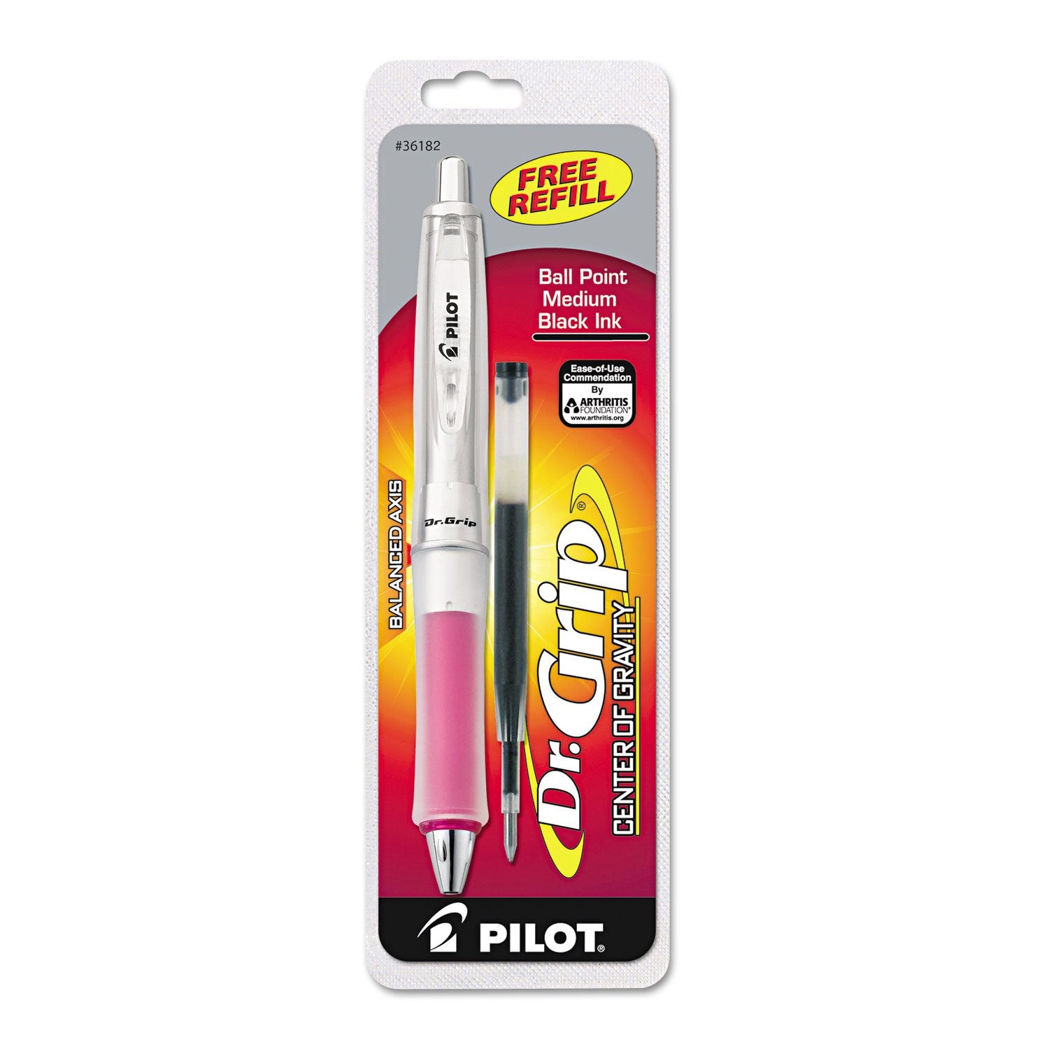 PILOT Dr. Grip Center of Gravity Refillable & Retractable Ballpoint Pen, Medium Point, Pink Grip, Black Ink, Single Pen - Ideal for School