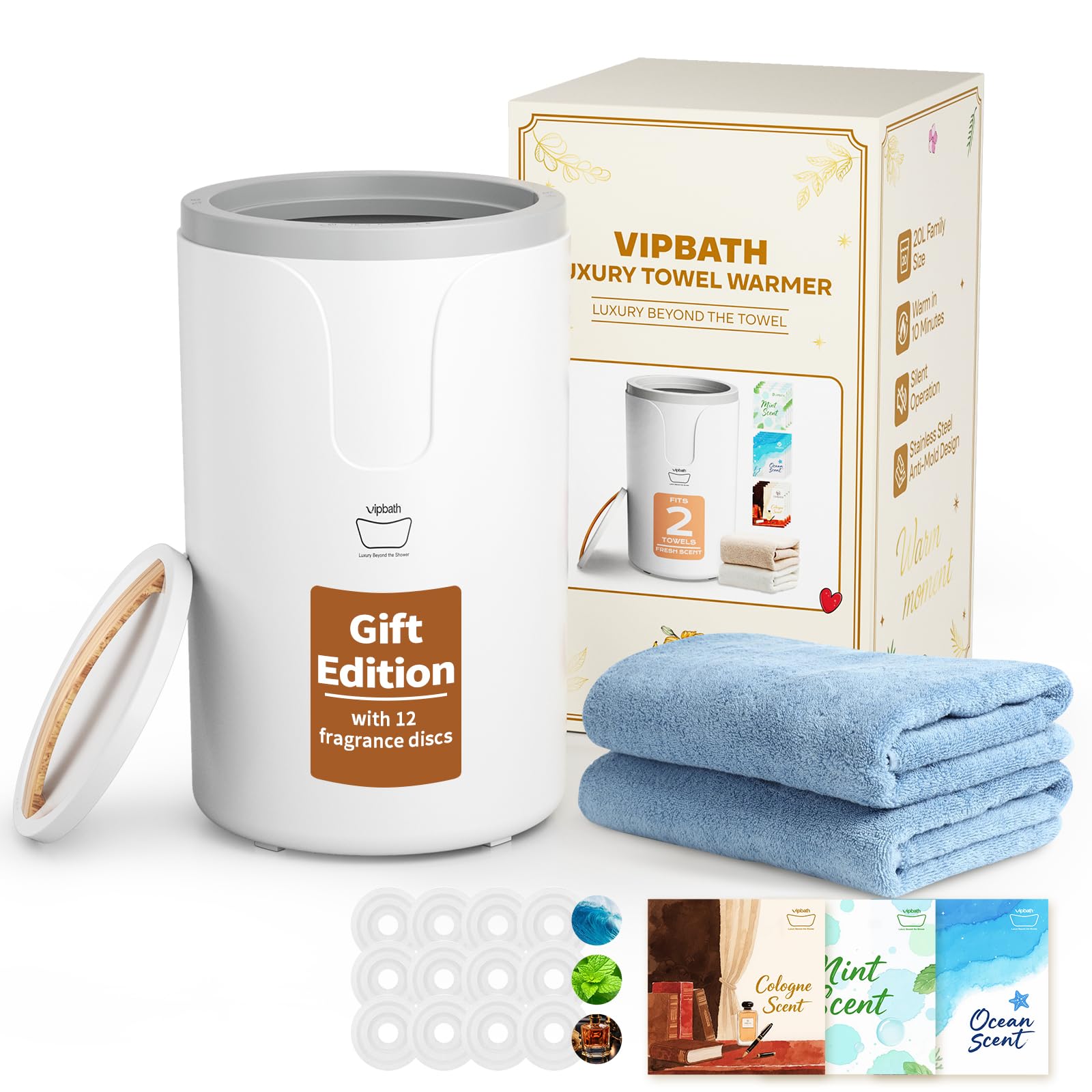 VIPBATH 20L Luxury Towel Warmer for Bathroom, Dual Heat, 30/60/90 Min Presets, Stainless Steel Interior, Tip-Over Auto Shut-Off, Includes 12 Fragrance Discs, Perfect Spa Gift for Home