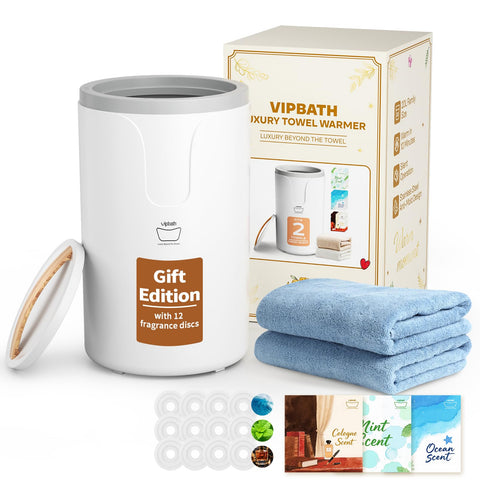 VIPBATH 20L Luxury Towel Warmer for Bathroom, Dual Heat, 30/60/90 Min Presets, Stainless Steel Interior, Tip-Over Auto Shut-Off, Includes 12 Fragrance Discs, Perfect Spa Gift for Home