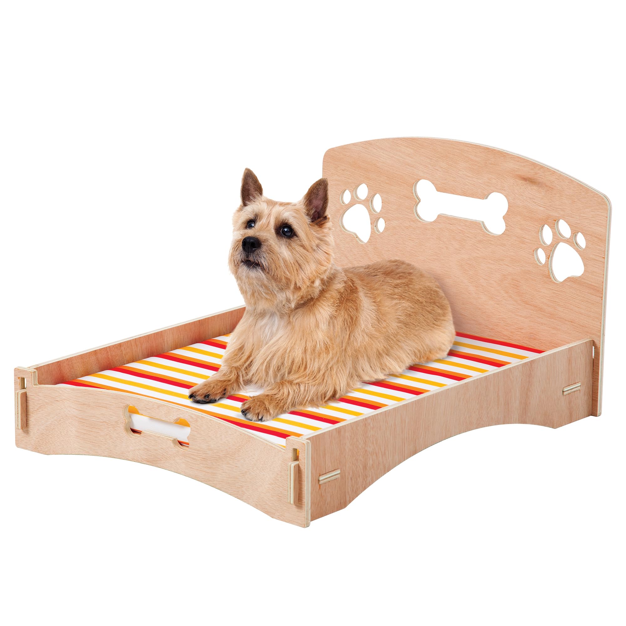 Etna Products Wooden Dog Bed Bone and Footprint Design with Removable Stripe Cushion, Small Pet Bed for Indoor/Outdoor Use 22" L x 16" W x 12" H