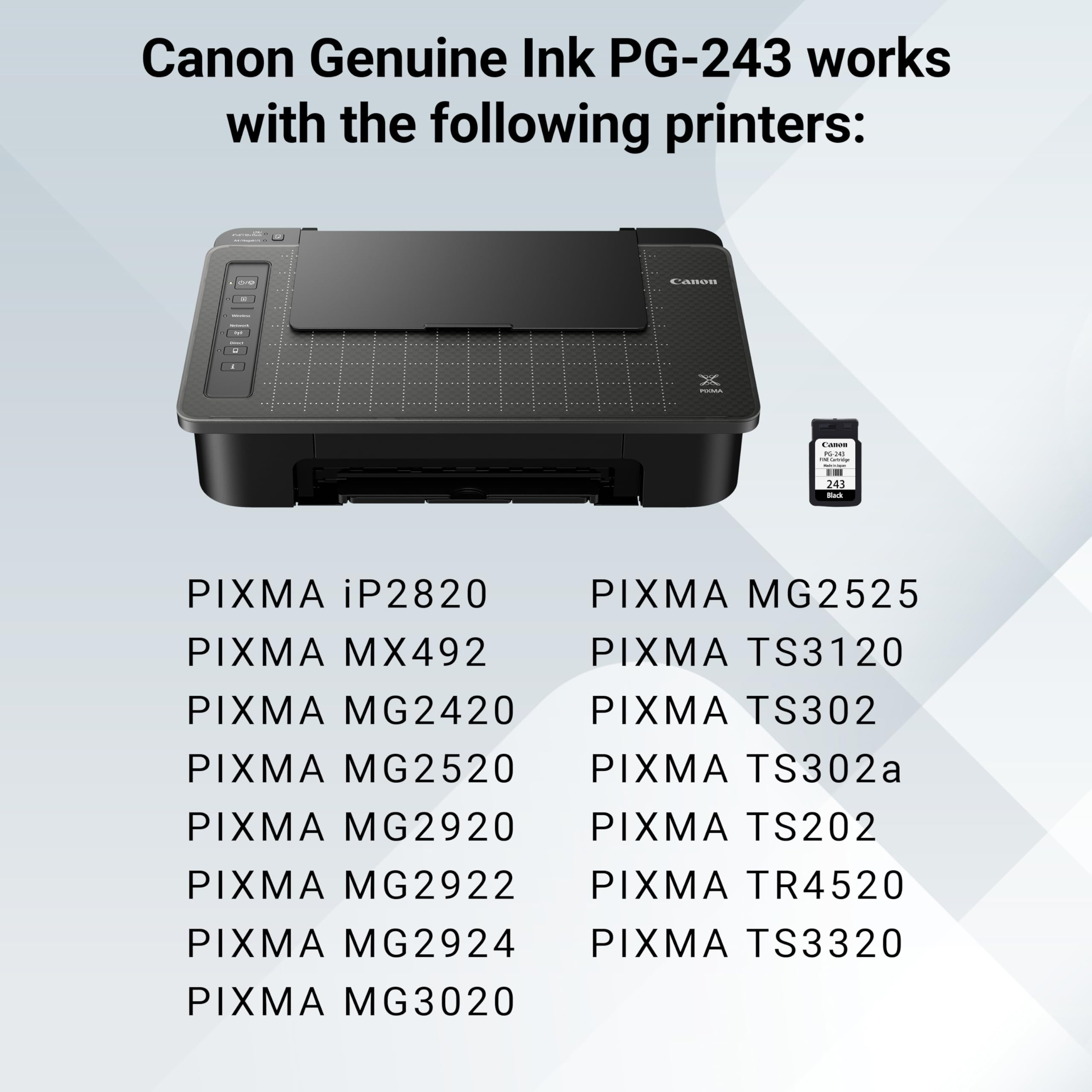 Canon PG-243 Genuine Black Ink Cartridge, Compatible with iP2820, MX492, MG2420/2520/2920/2922/2924/3020/2525, TS3120/302/302a/202/4520/3320