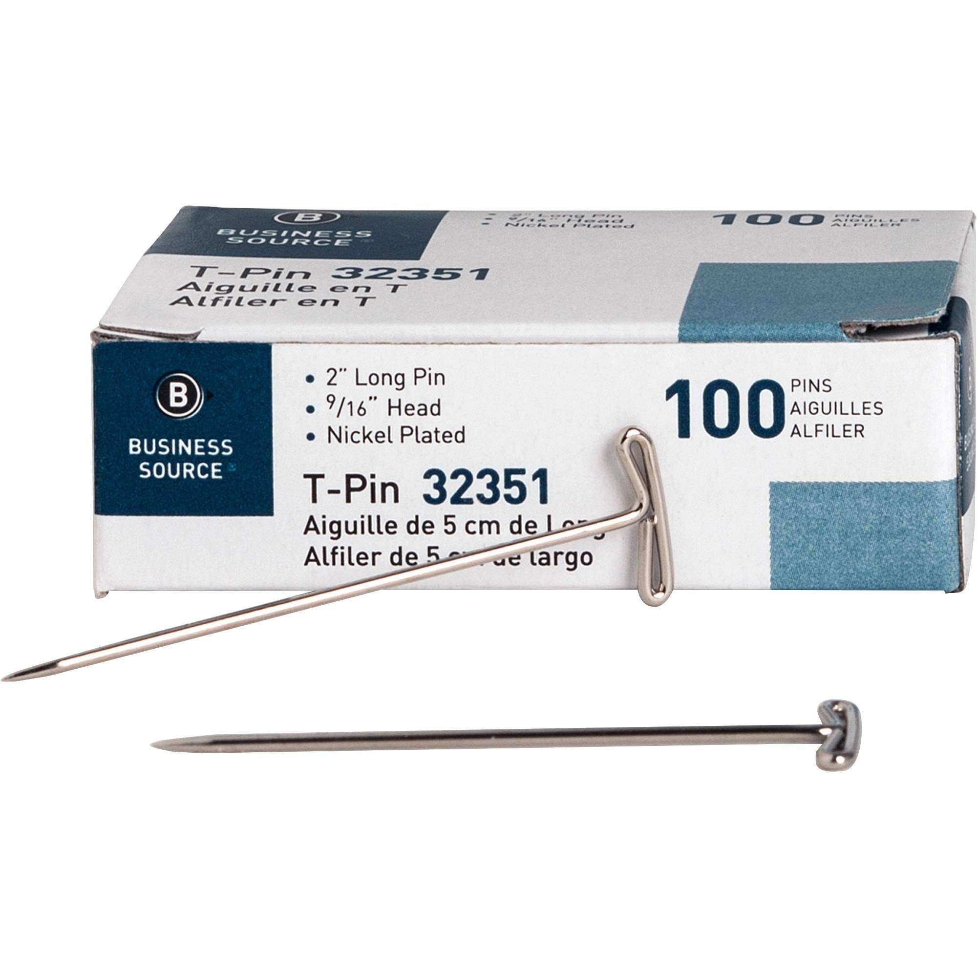 Business Source 32351 T-Pins 9/16-Inch Head Width 2-Inch L 100/BX Silver