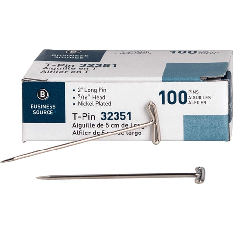 Business Source 32351 T-Pins 9/16-Inch Head Width 2-Inch L 100/BX Silver