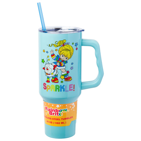 Silver Buffalo Rainbow Brite and Twink Sparkle Double Walled Stainless Steel Tumbler with Handle and Straw, Fits in Standard Cup Holder, 40 Ounces