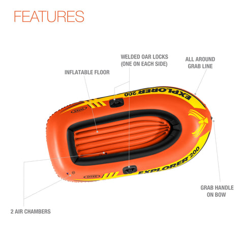 INTEX 58330EP Explorer 200 Inflatable Boat: Dual Air Chambers – Welded Oar Locks – Grab Rope – 2-Person – 210lb Weight Capacity