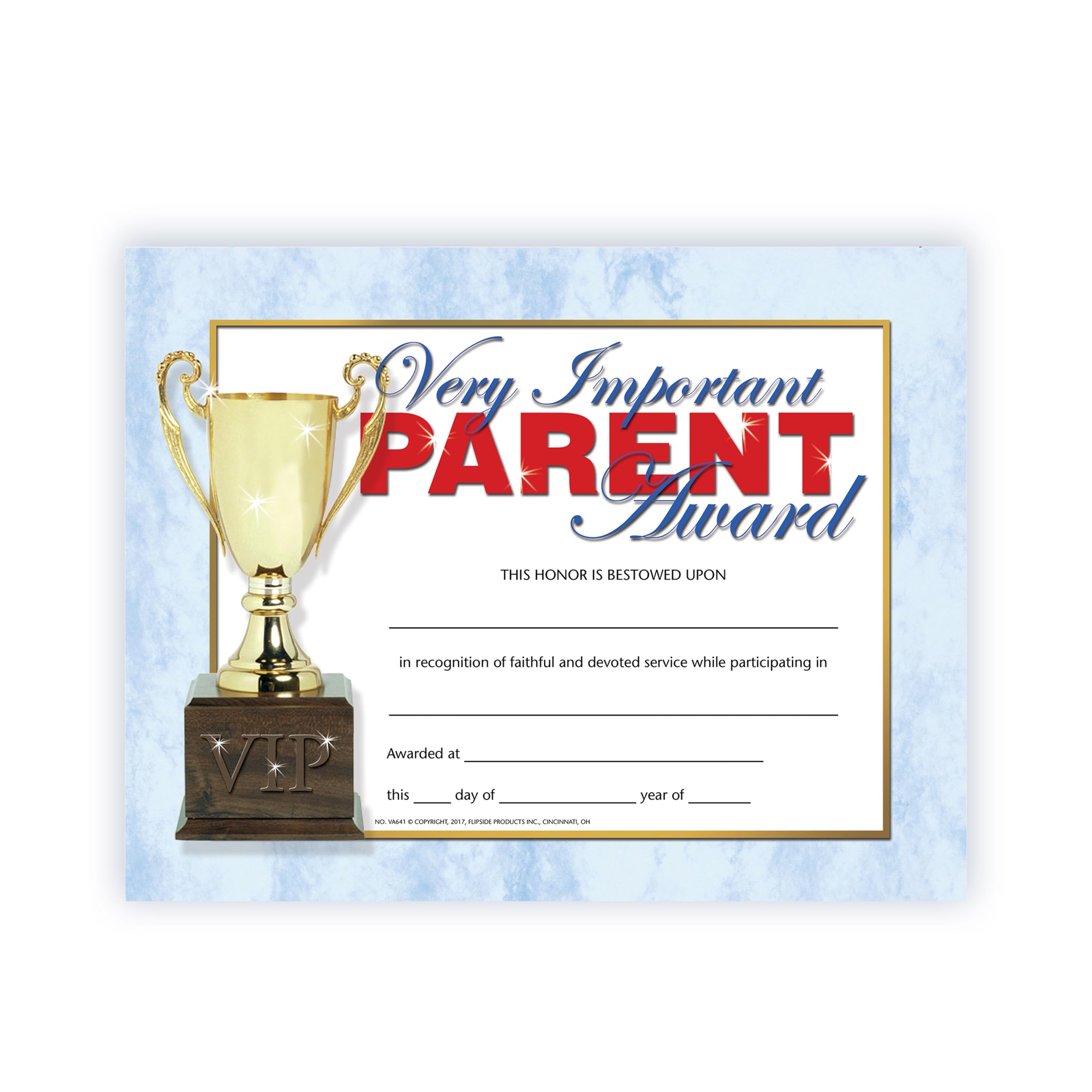 Hayes Very Important Parent Award Certificates, Personalized Parent Recognition Certificates with Trophy Design, Full-Color Matte Finish, 8.5" x 11" - 30 Pack