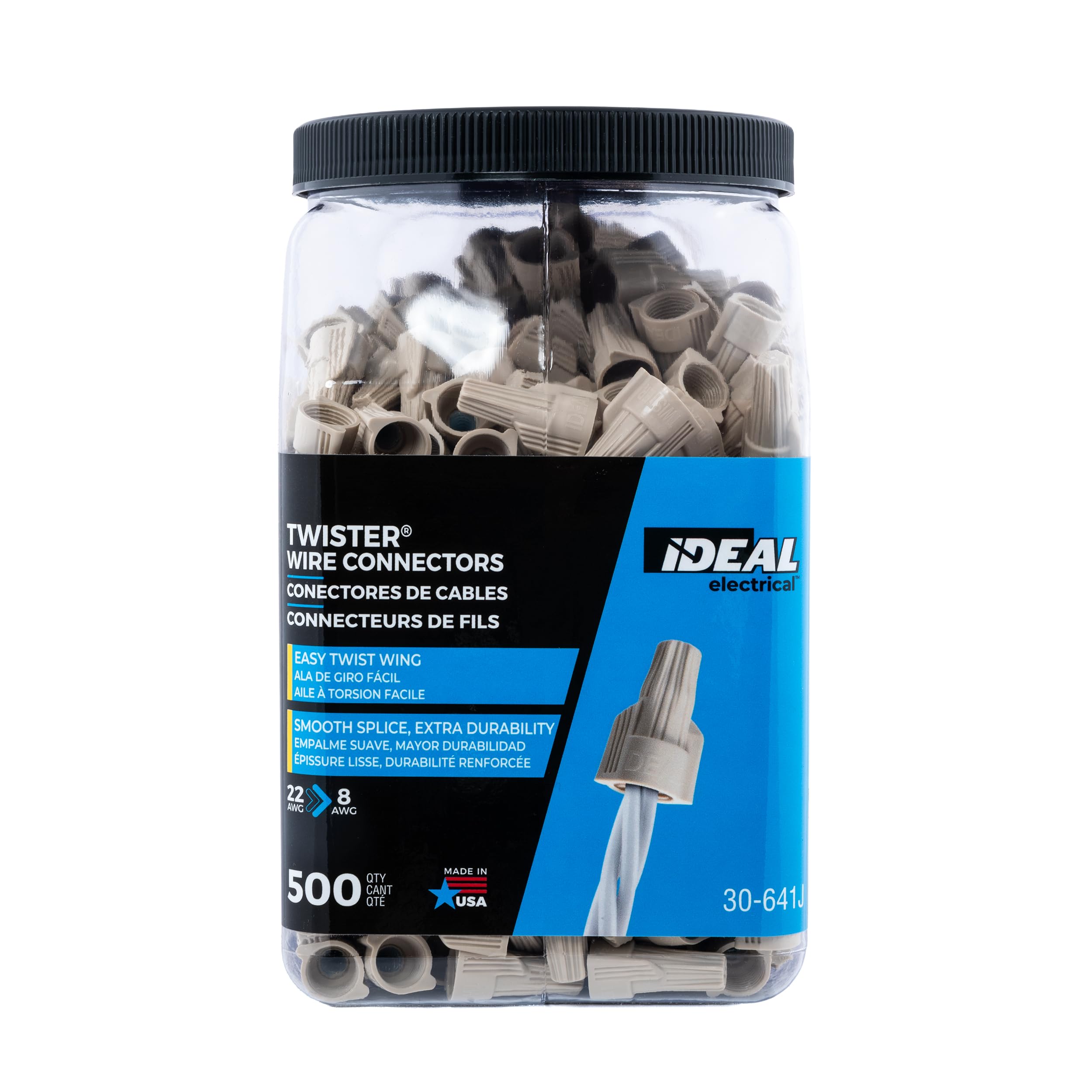 Ideal Electrical Tan Twister Electrical Wire Connectors (30-641J), Jar of 500 — Smooth Twist-On Wire Nuts for 22 to 8 AWG with Swept Wings