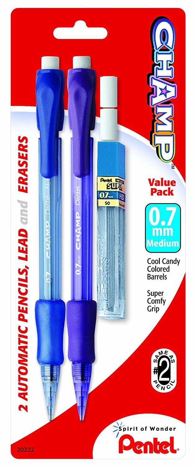 Pentel Champ Mechanical Pencil with Lead and 2 Erasers, (0.7mm), Assorted Barrels, Barrel Color May Vary, 2 Pack (AL17LEBP2)