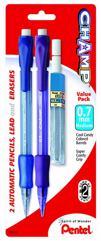 Pentel Champ Mechanical Pencil with Lead and 2 Erasers, (0.7mm), Assorted Barrels, Barrel Color May Vary, 2 Pack (AL17LEBP2)